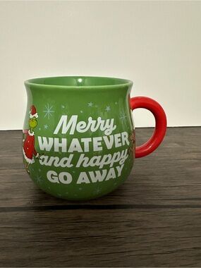 Hallmark Green Grinch Holiday Mug Red Handle- 'Merry Whatever and Happy Go Away'